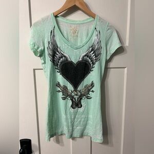 Velvet Stone Teal Mint GreenT-Shirt with Rhinestone Heart Angel Wings Appliqué
